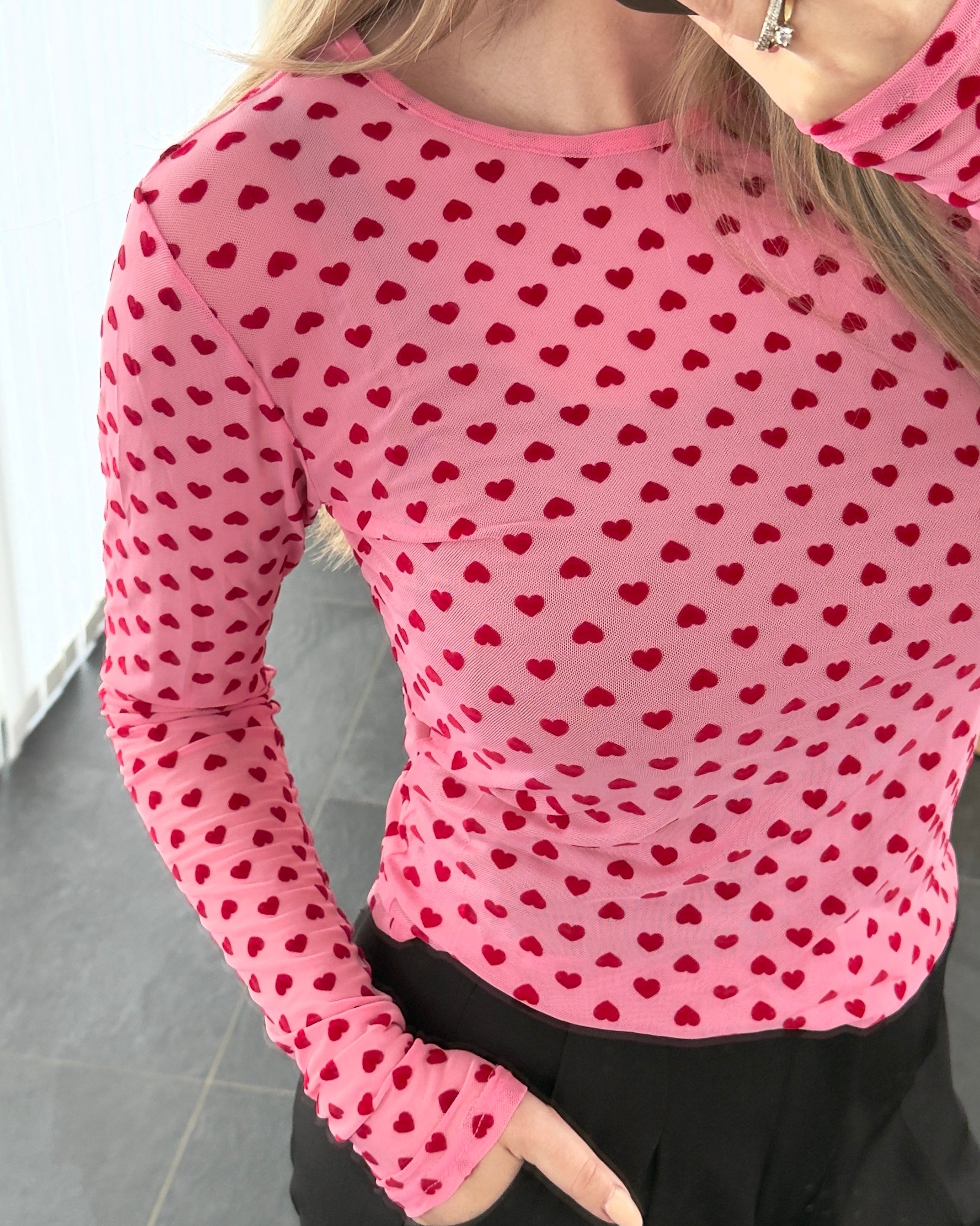 Liberte Bluse - Mesh - Flock Heart - Pink/Red